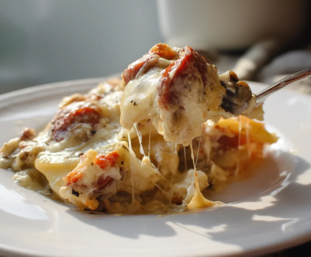 A delicious plated serving of Cheesy Baked Pierogi Casserole with Kielbasa