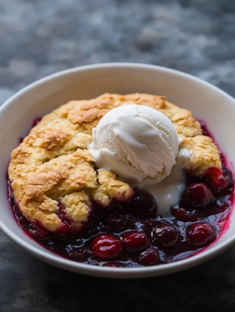Easy Cherry Cobbler Recipe (Simply Irresistible!) 3 A single serving of warm Cherry Cobbler in a bowl with melting vanilla ice cream.