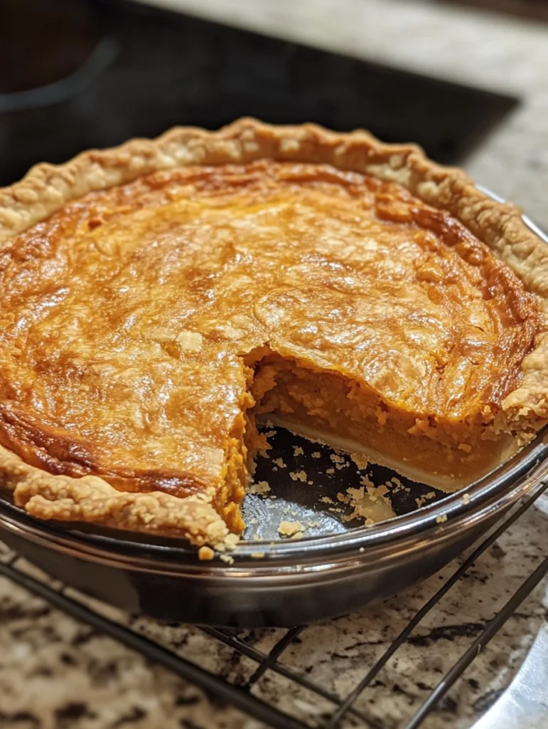 A whole Southern Sweet Potato Pie in a pie dish