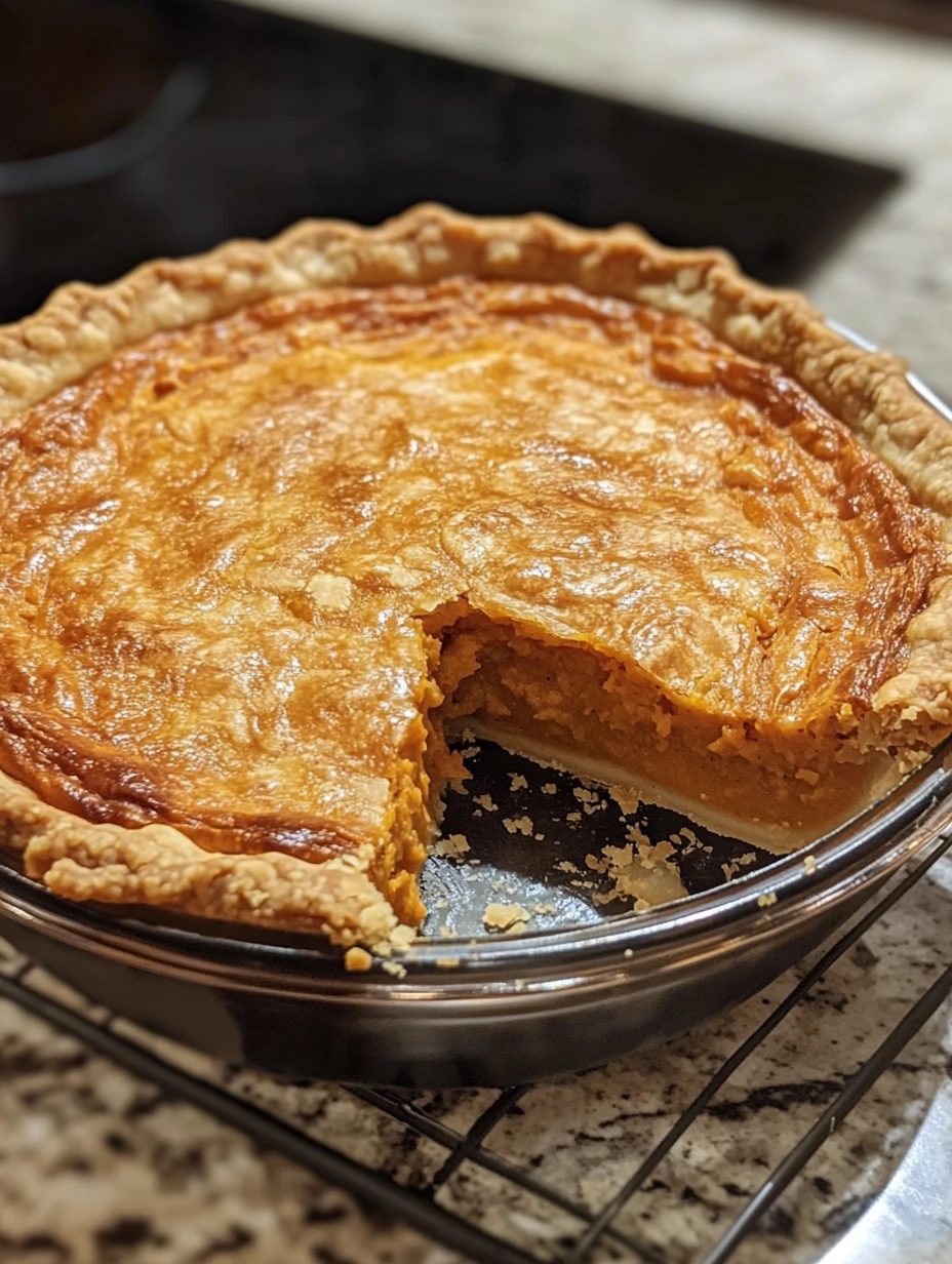 A whole Southern Sweet Potato Pie in a pie dish