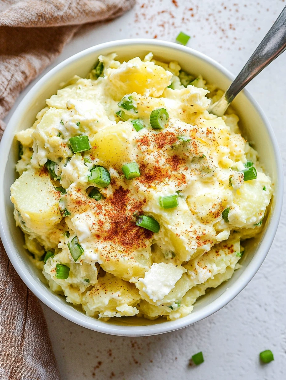 Classic Southern Potato Salad in a bowl, garnished. Shows creamy texture, eggs, celery, onion.