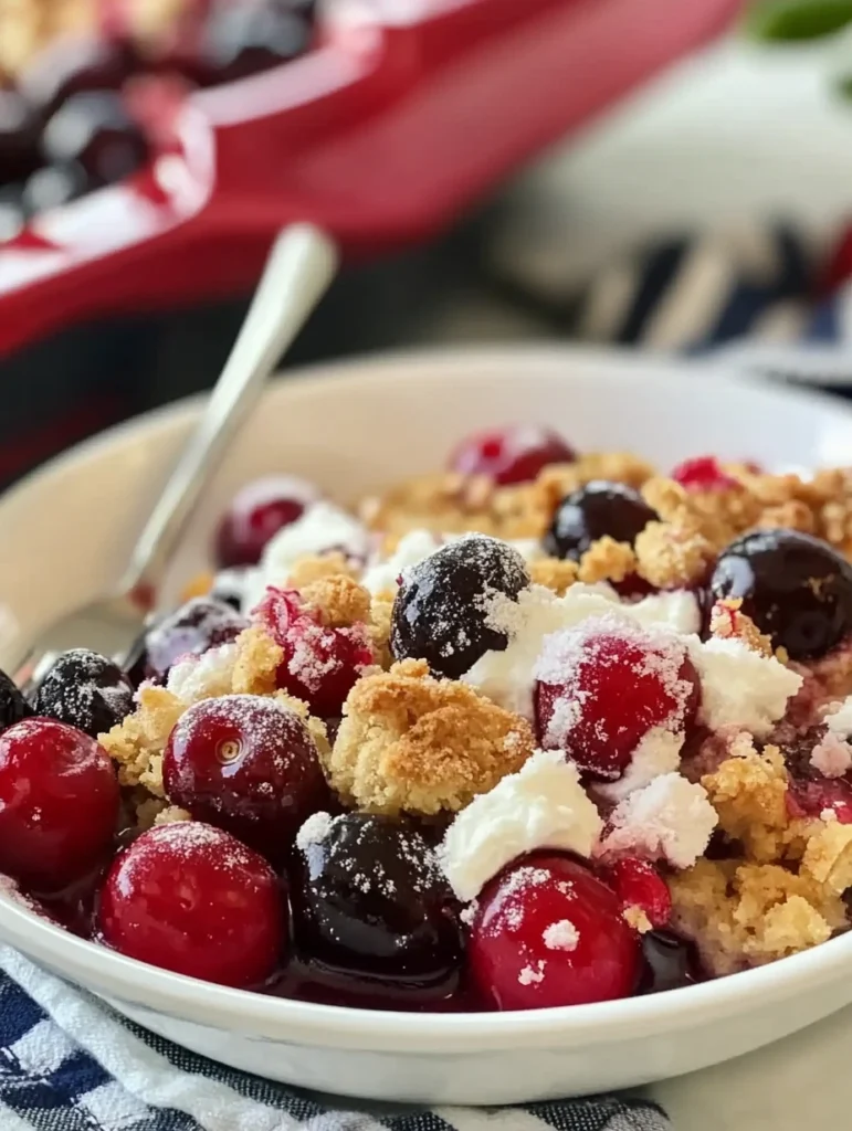 Easy Cherry Cobbler Recipe (Simply Irresistible!) 2 Close up showing fresh cherries being mixed in a bowl or batter spooned over cherries for cobbler.