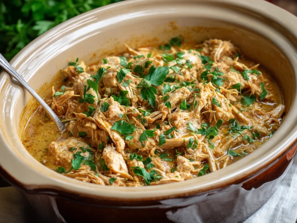 Easy Slow Cooker Italian Chicken shredded in the crock pot