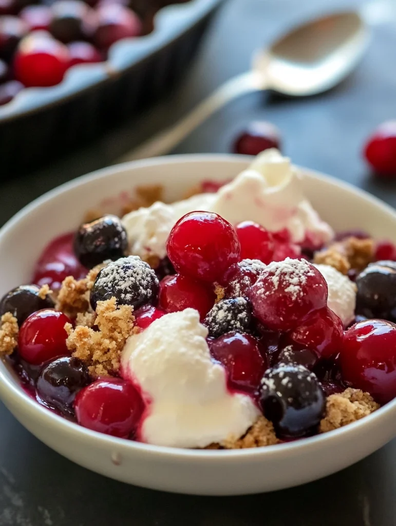 Easy Spring Cherry Cobbler in a baking dish topped with a scoop of melting vanilla ice cream.