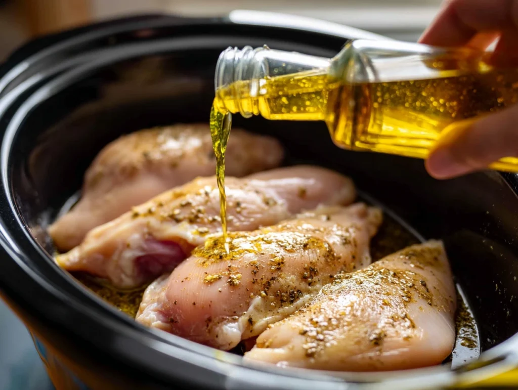 Pouring Italian dressing over chicken breasts in a slow cooker