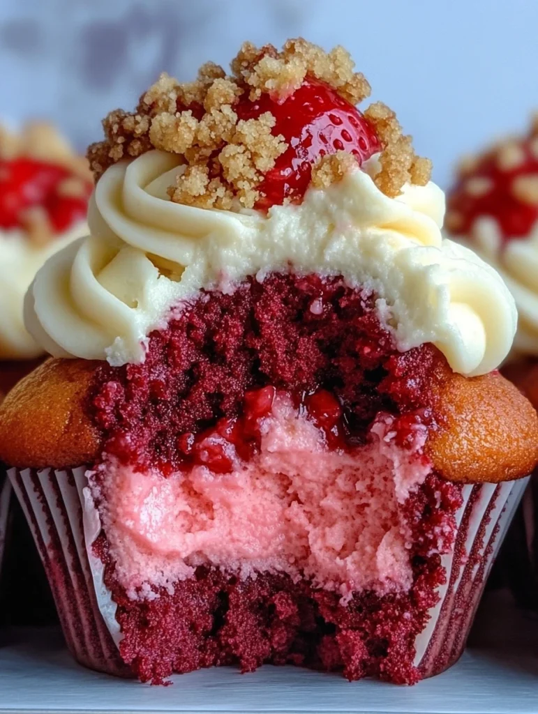Red Velvet Berry Crunch Cupcakes topped with cream cheese frosting and strawberry crunch crumble.