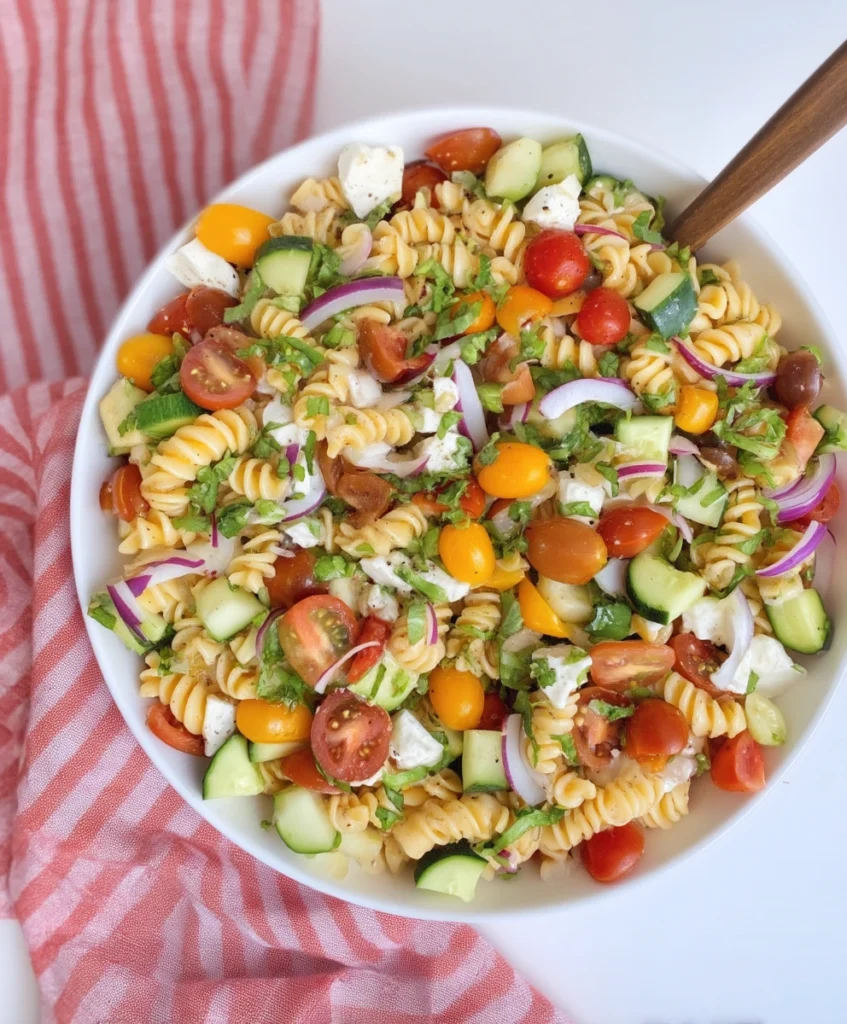 large bowl of Zesty Garden Pasta Salad with homemade Italian dressing