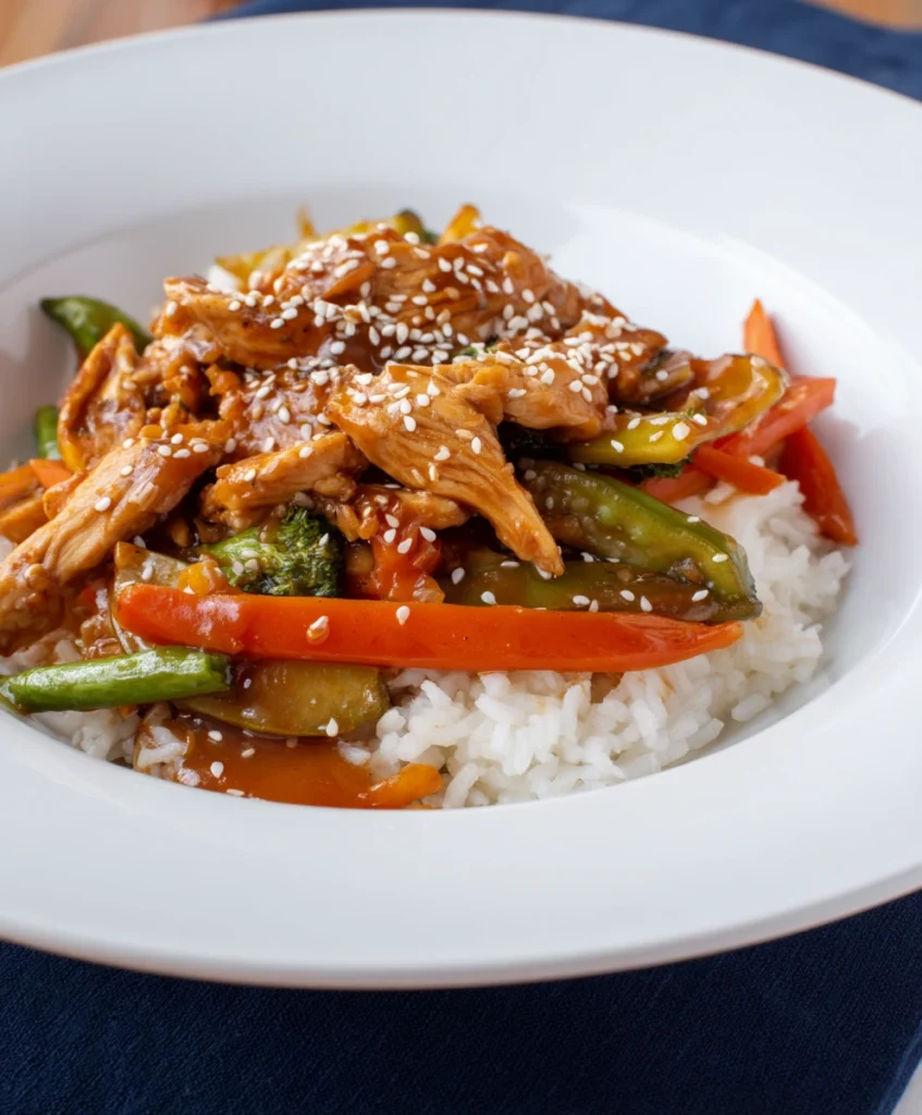 The Ultimate Easy Chicken Veggie Stir Fry (Ready in 25 Minutes!) 3 A beautifully plated serving of Easy Chicken Veggie Stir Fry over rice, garnished with sesame seeds, showcasing a healthy and quick meal.