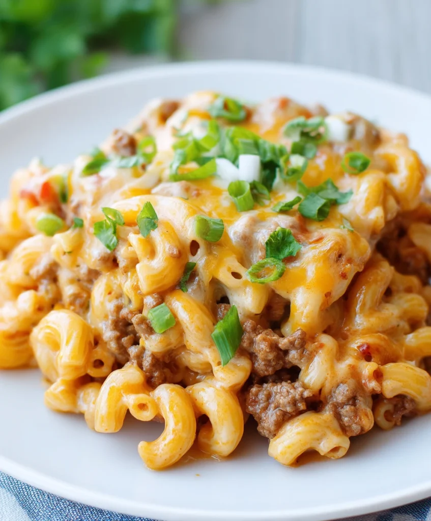 Easy Cheesy Beef Taco Pasta – Your New Favorite One-Pot Meal! 3 A plated serving of cheesy beef taco pasta topped with sour cream and green onions.