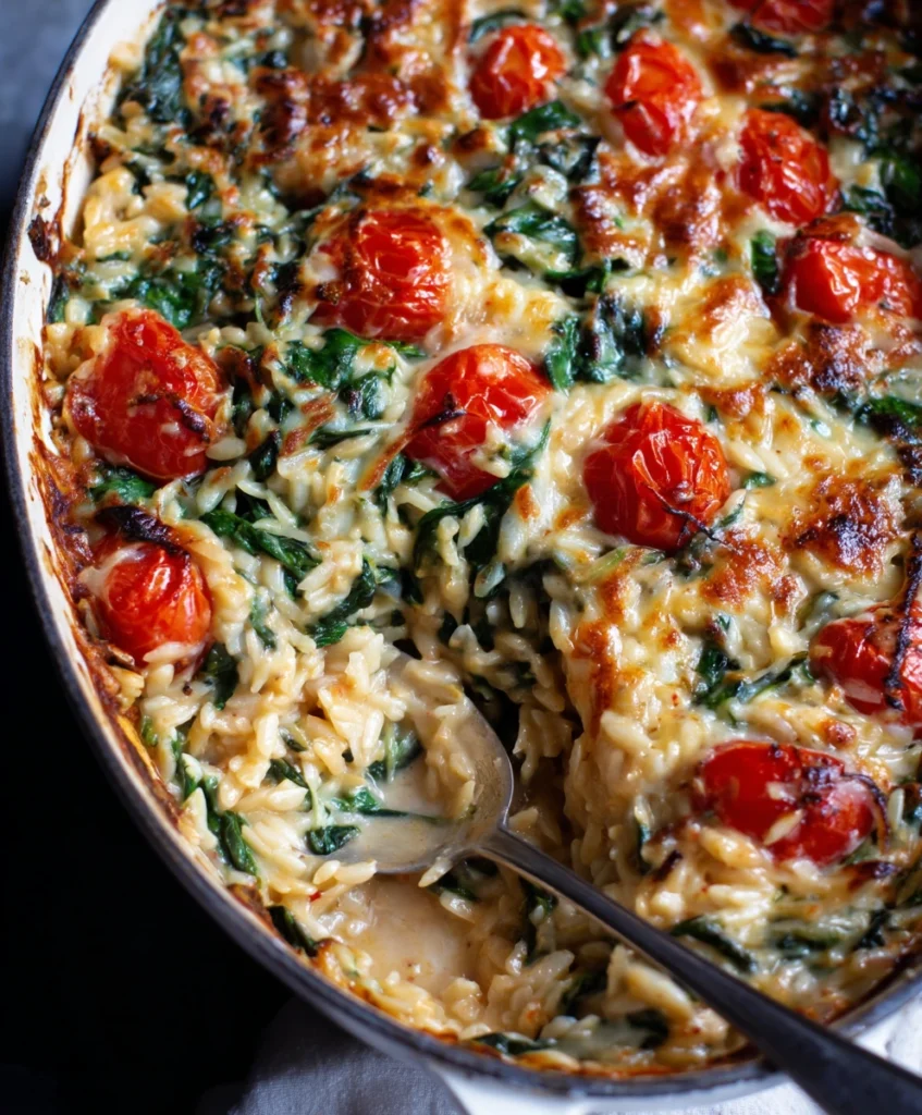 The Ultimate 5-Star Creamy Tomato Spinach Orzo Bake (Easy & Impressive!) 3 A single serving of Creamy Tomato Spinach Orzo Bake in a rustic dish. Perfect for a weeknight meal.