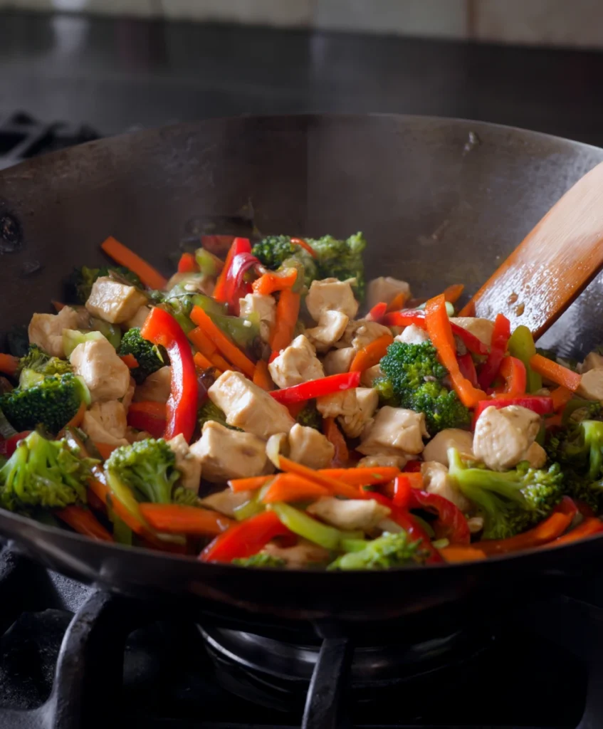The Ultimate Easy Chicken Veggie Stir Fry (Ready in 25 Minutes!) 2 Action shot of chicken and colorful vegetables (bell peppers, broccoli, carrots) being stir-fried in a hot wok for the Easy Chicken Veggie Stir Fry recipe.