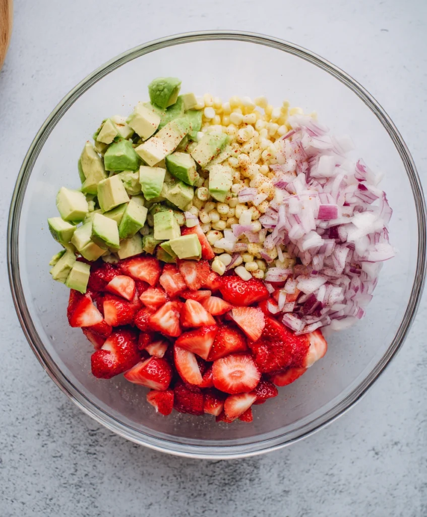 Easy Strawberry Avocado Corn Salad Recipe - 1 Summer Favorite! 2 Bowls of chopped strawberries, diced avocado, corn kernels, and chopped red onion ready for mixing into salad.