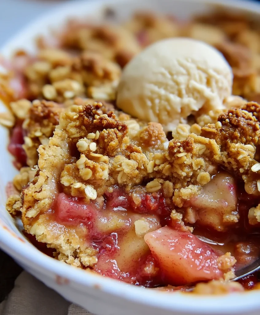 Classic Rhubarb Crisp Recipe - Easy Homemade Dessert 3 Close-up of a single serving of rhubarb crisp
