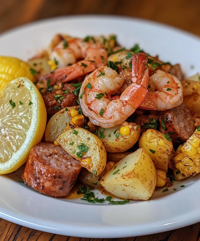 Close-up of a plated serving of sheet pan shrimp boil with shrimp, sausage, corn, and potatoes.