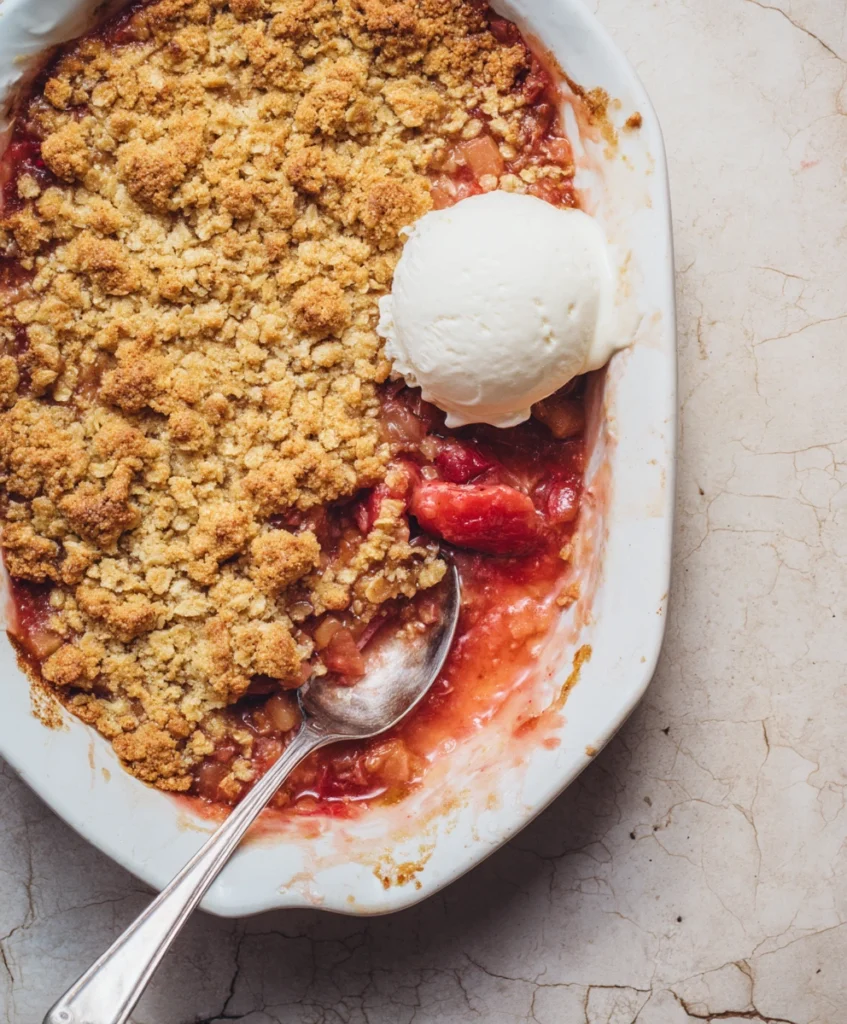 Close-up of a single serving of rhubarb crisp showing the vibrant fruit and crumbly topping.