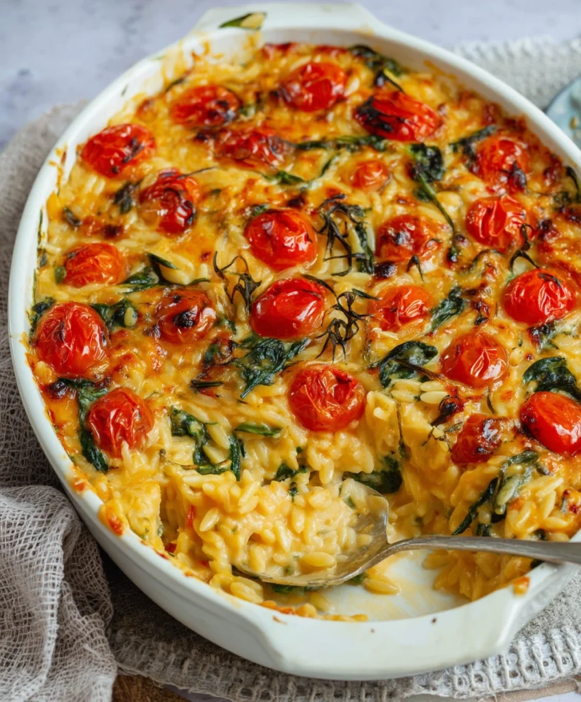 The Ultimate 5-Star Creamy Tomato Spinach Orzo Bake (Easy & Impressive!) 1 Creamy Tomato Spinach Orzo Bake with burst cherry tomatoes, golden brown cheese topping. Delicious, easy pasta bake recipe.