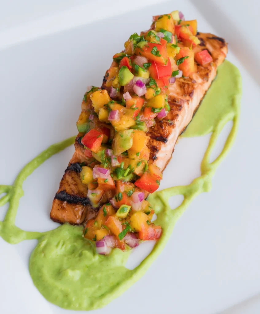 Delicious plated Grilled Salmon with Peach Salsa and Avocado Crema, perfect for a summer dinner.