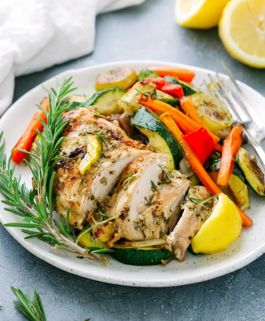 Delicious plated One-Pan Lemon Herb Roasted Chicken and Veggies, perfect for a family dinner.