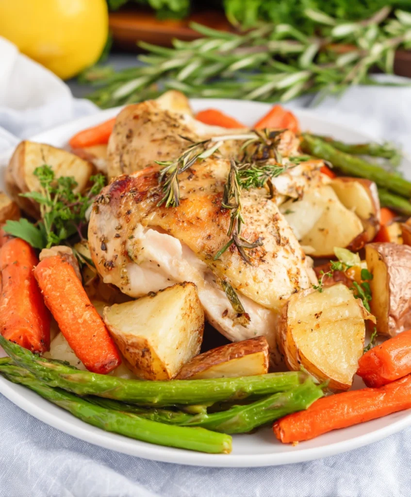 Ultimate One-Pan Lemon Herb Roasted Chicken and Veggies 3 Delicious plated One-Pan Lemon Herb Roasted Chicken and Veggies,