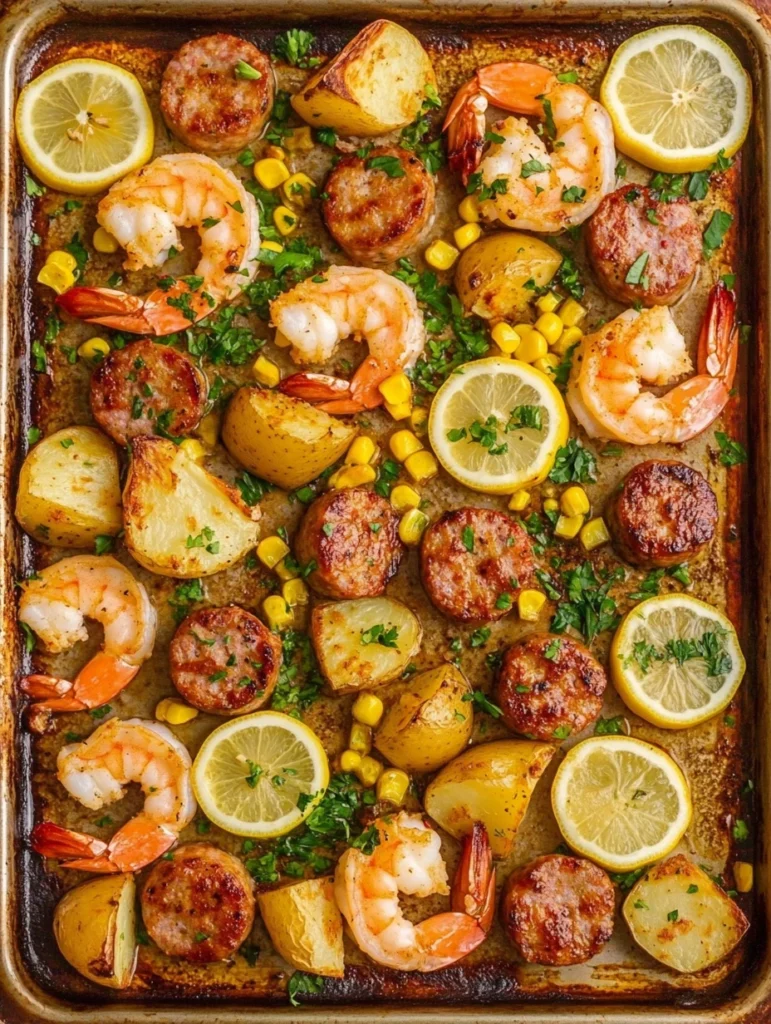 Easy sheet pan shrimp boil on a baking sheet with shrimp, sausage, corn, potatoes, and lemon.