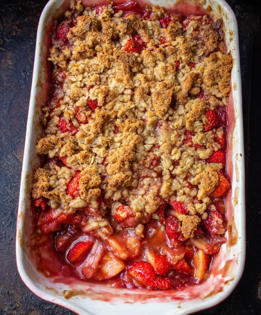 Golden-brown Strawberry Rhubarb Crumble in a baking dish, with bubbly sweet strawberries and tart rhubarb peeking through the crispy topping.