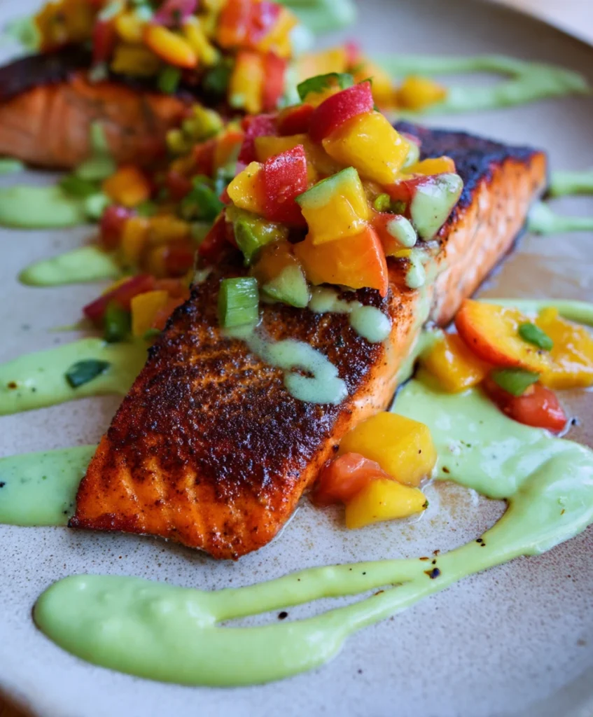 5-Star Grilled Salmon with Peach Salsa and Avocado Crema: Your Ultimate Summer Delight 3 Delicious plated Grilled Salmon with Peach Salsa and Avocado Crema, perfect for a summer dinner.
