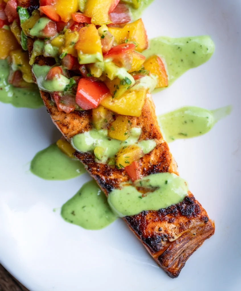 5-Star Grilled Salmon with Peach Salsa and Avocado Crema: Your Ultimate Summer Delight 1 Grilled salmon with peach salsa and avocado crema, showcasing crispy skin and vibrant colors. Delicious summer recipe!