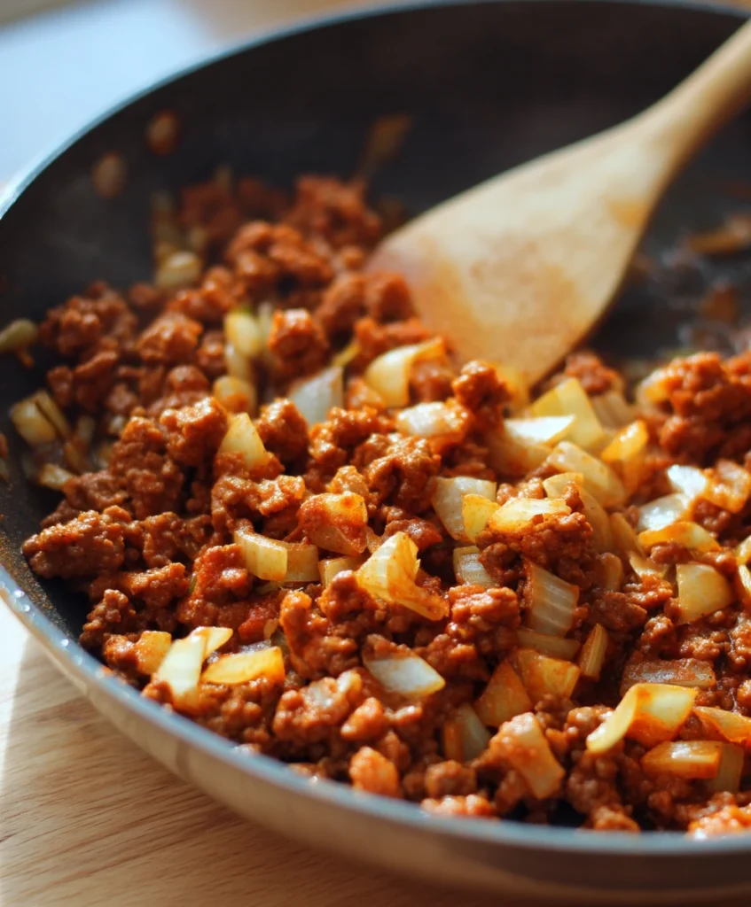 Easy Cheesy Beef Taco Pasta – Your New Favorite One-Pot Meal! 2 Ground beef browning in a skillet with onions, garlic, and taco seasoning for taco pasta.