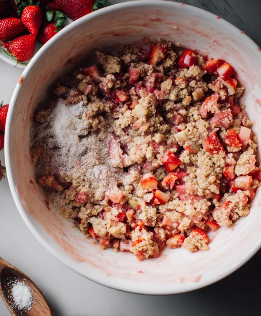 The Ultimate Strawberry Rhubarb Crumble (Sweet, Tart & Easy!) 2 Ingredients for Strawberry Rhubarb Crumble fresh strawberries, rhubarb, cold butter, flour, sugar, and cinnamon ready for mixing the topping.
