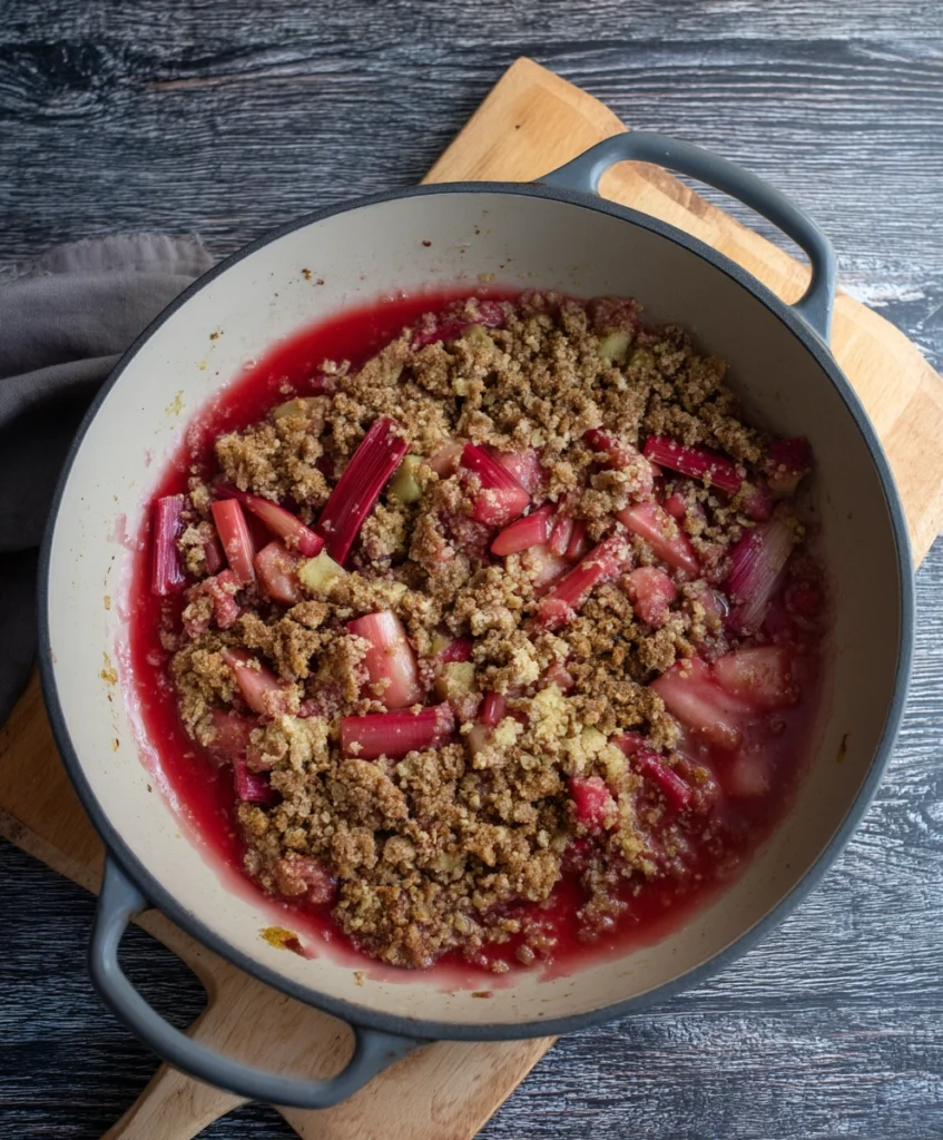 Classic Rhubarb Crisp Recipe - Easy Homemade Dessert 2 Ingredients for rhubarb crisp bowls of chopped rhubarb and crumb topping, baking dish with filling.