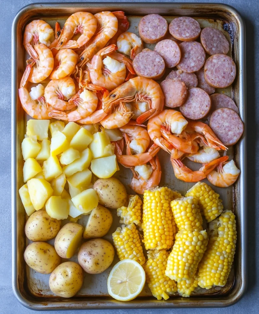 Ingredients for sheet pan shrimp boil raw shrimp, sausage, corn, potatoes, lemon, and Old Bay seasoning.