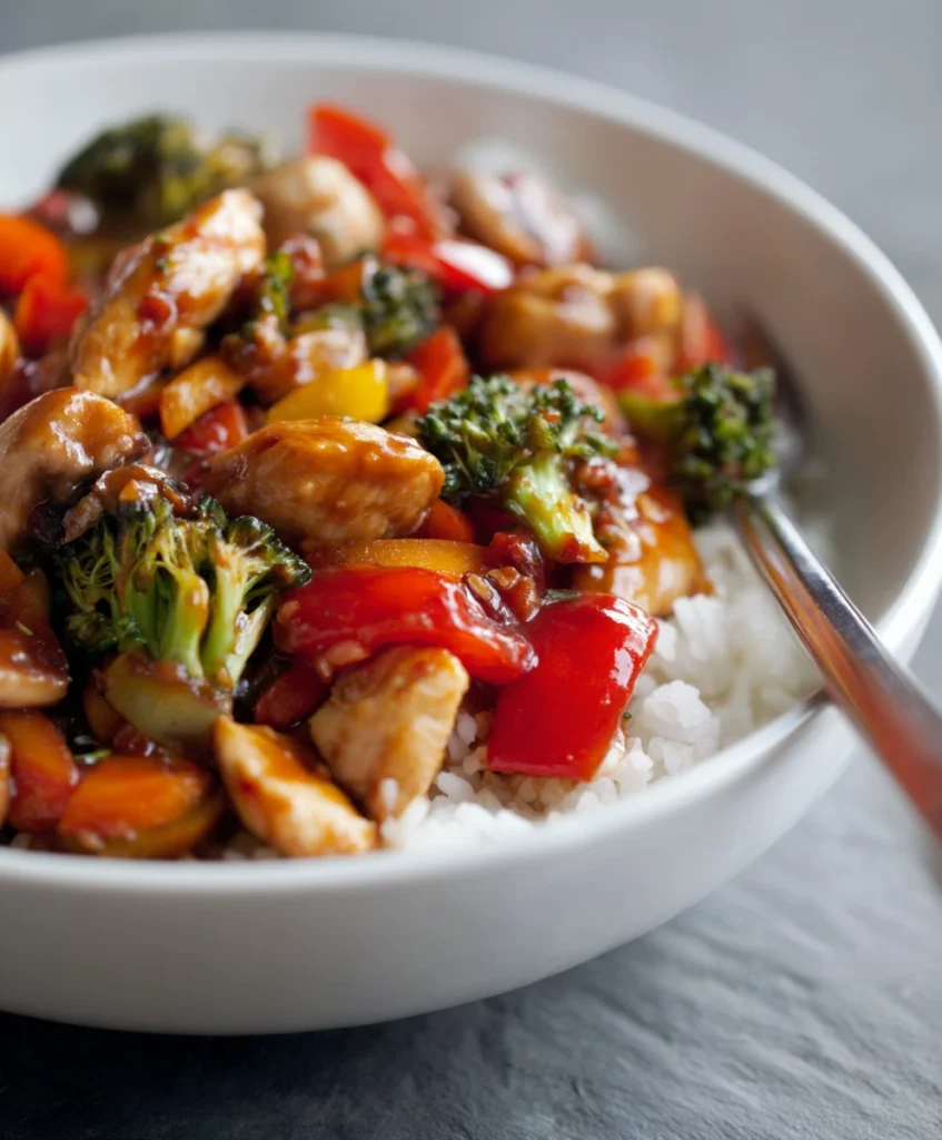 The Ultimate Easy Chicken Veggie Stir Fry (Ready in 25 Minutes!) 1 A vibrant bowl of Easy Chicken Veggie Stir Fry with colorful bell peppers, broccoli, carrots, and tender chicken served over fluffy white rice.