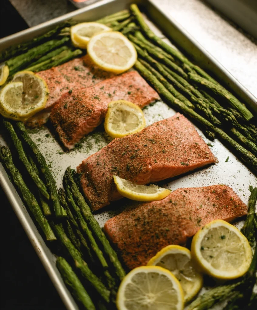 Effortless Sheet Pan Mediterranean Salmon (Flavor-Packed & So Easy!) 2 Raw seasoned salmon fillets and asparagus spears with lemon slices on a parchment-lined baking sheet, ready for Sheet Pan Mediterranean Salmon recipe.