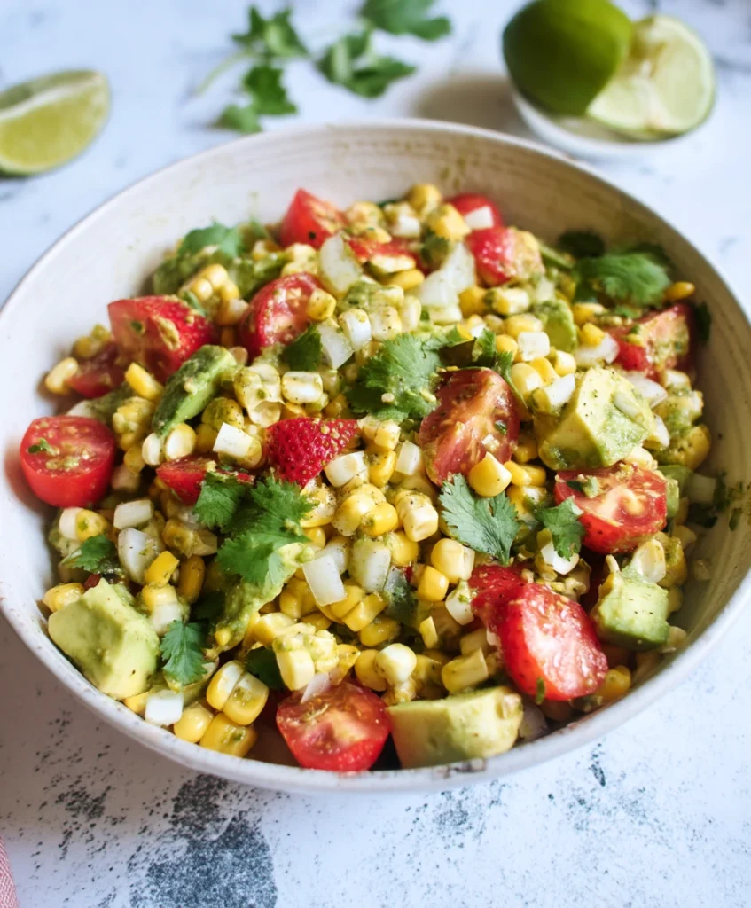 Easy Strawberry Avocado Corn Salad Recipe - 1 Summer Favorite! 3 Single serving of Strawberry Avocado Corn Salad showing the colorful mix of strawberries, avocado, and corn.