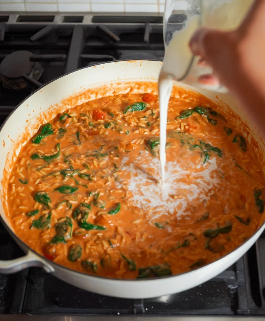 The Ultimate 5-Star Creamy Tomato Spinach Orzo Bake (Easy & Impressive!) 2 Step-by-step process shot Stirring creamy tomato sauce with spinach and orzo pasta for a delicious bake.