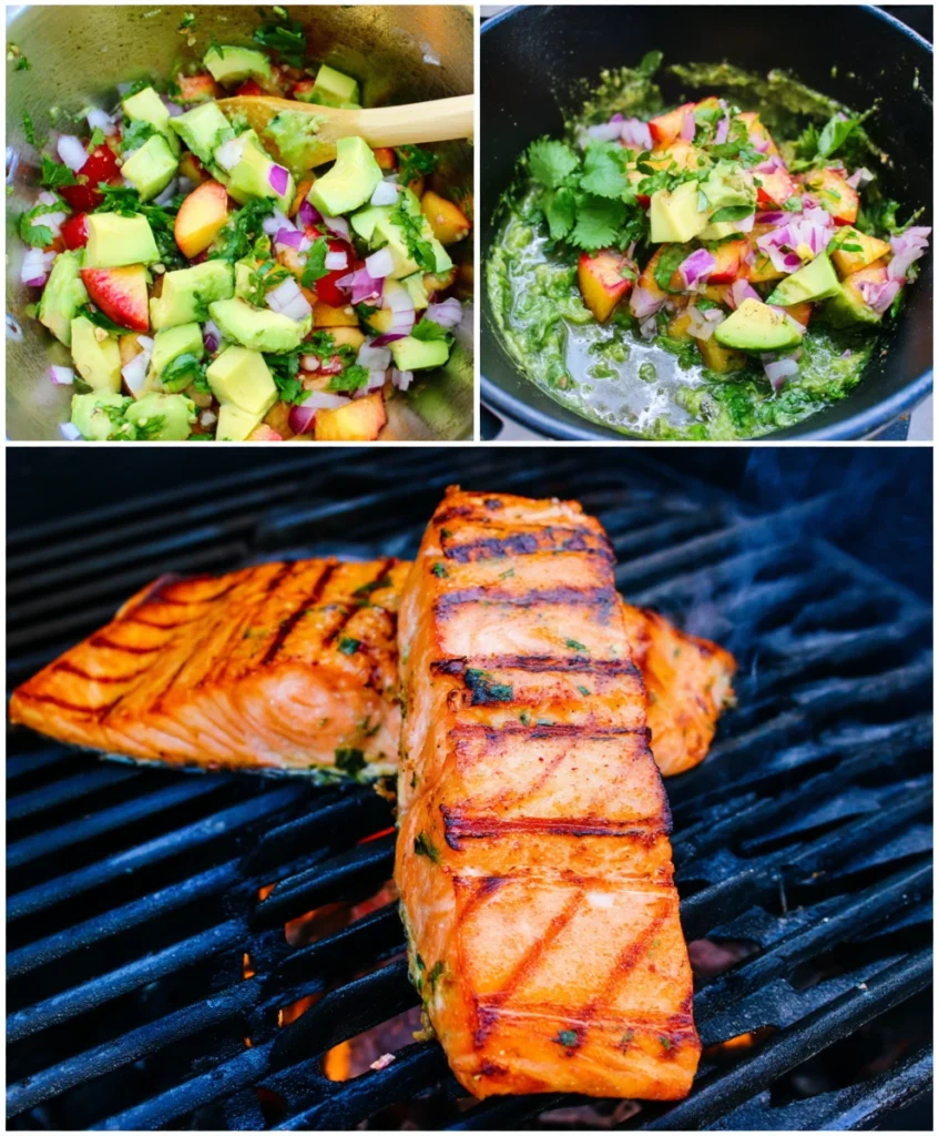 5-Star Grilled Salmon with Peach Salsa and Avocado Crema: Your Ultimate Summer Delight 2 Steps to make Grilled Salmon with Peach Salsa and Avocado Crema grilling salmon, prepping peach salsa, making avocado crema.