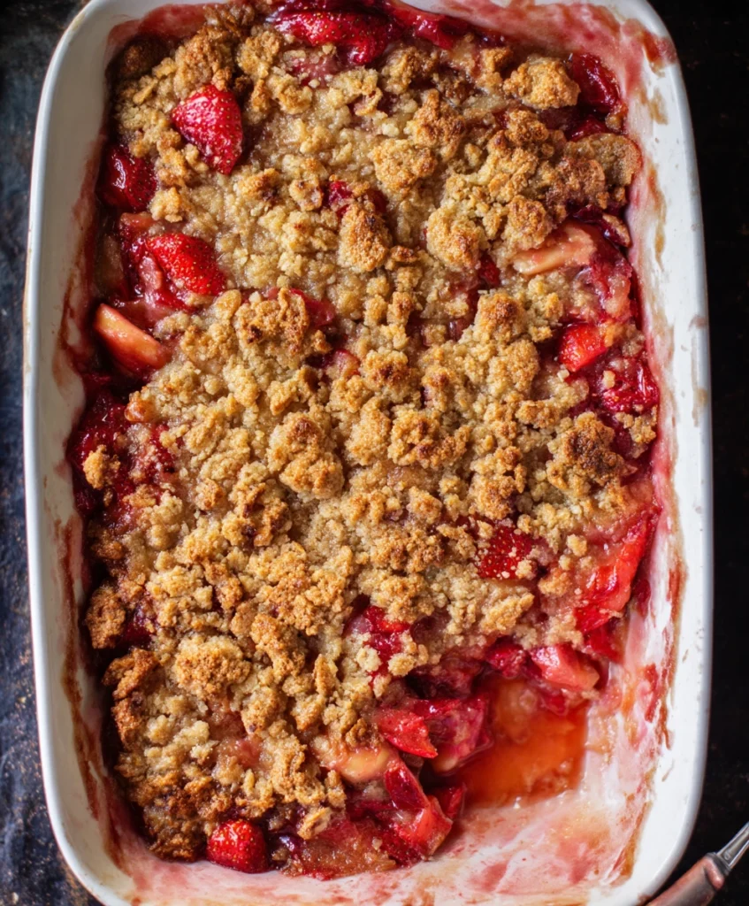 The Ultimate Strawberry Rhubarb Crumble (Sweet, Tart & Easy!) 1 The Ultimate Strawberry Rhubarb Crumble (Sweet, Tart & Easy!), showcasing a golden-brown buttery crispy crumble topping with sweet strawberries and tart rhubarb bubbling underneath