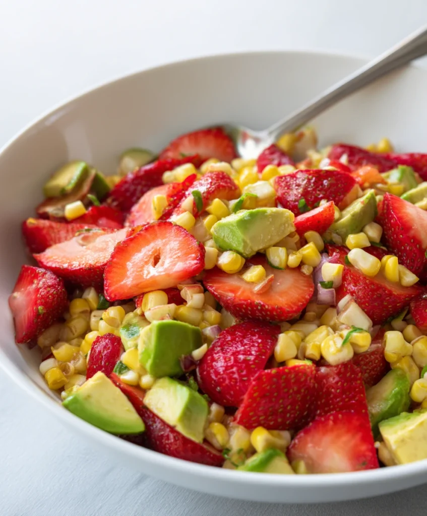Easy Strawberry Avocado Corn Salad Recipe - 1 Summer Favorite! 1 Vibrant Strawberry Avocado Corn Salad in a bowl, showing sliced strawberries, diced avocado, and corn kernels.