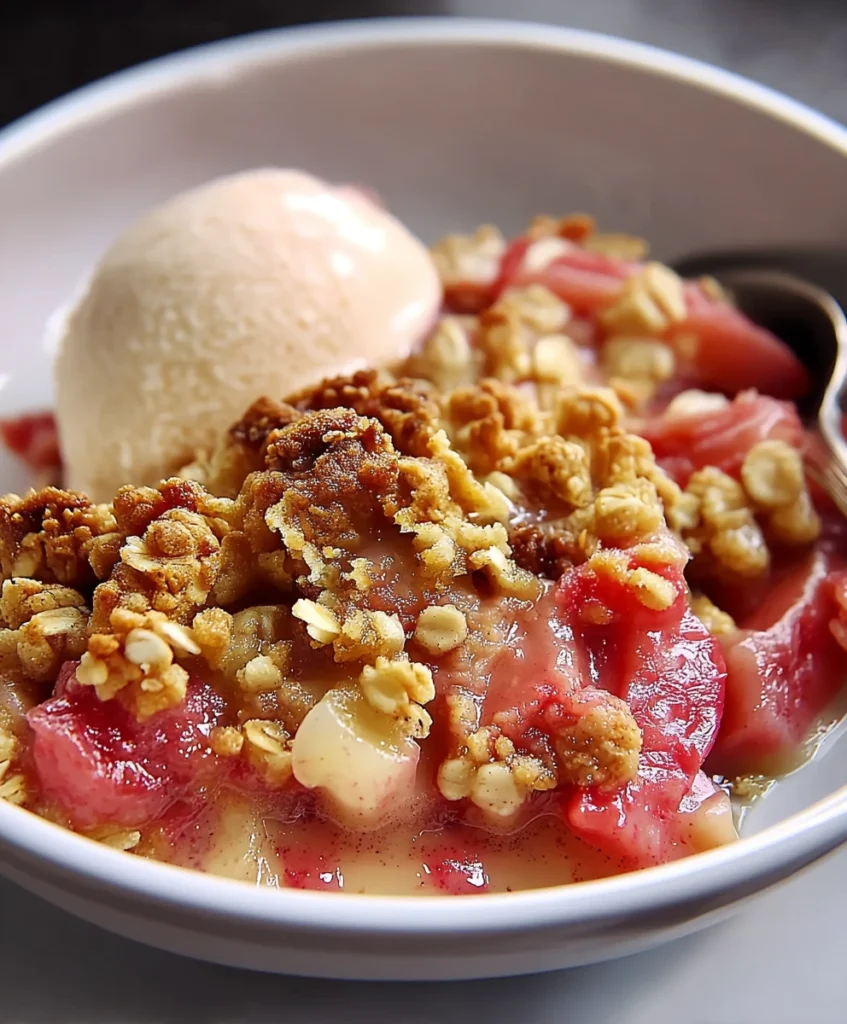 Classic Rhubarb Crisp Recipe - Easy Homemade Dessert 1 Warm rhubarb crisp with golden oat topping, bubbling fruit filling, and melting vanilla ice cream scoop.