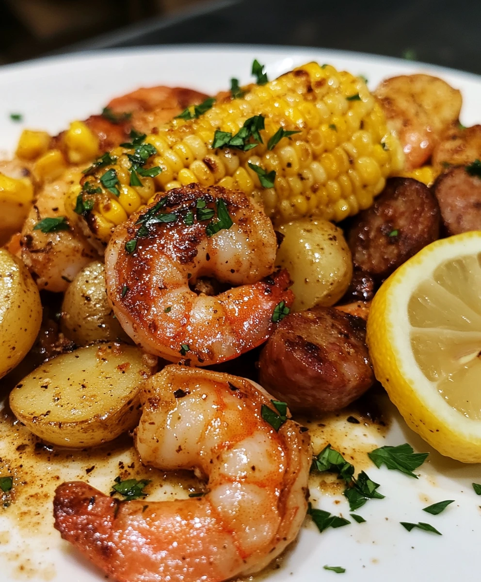 sheet pan shrimp boil on a baking sheet with shrimp, sausage, corn, potatoes, and lemon
